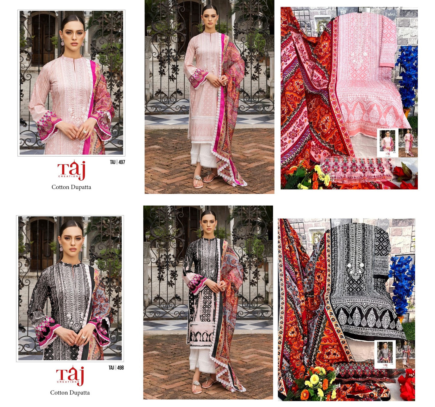 497-498 Taj Creations Pure Cotton Pakistani Patch Work Suits