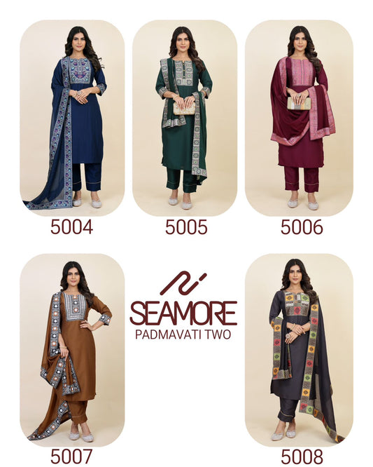 5004-5008 Seamore Chinon Silk Readymade Pant Style Suits