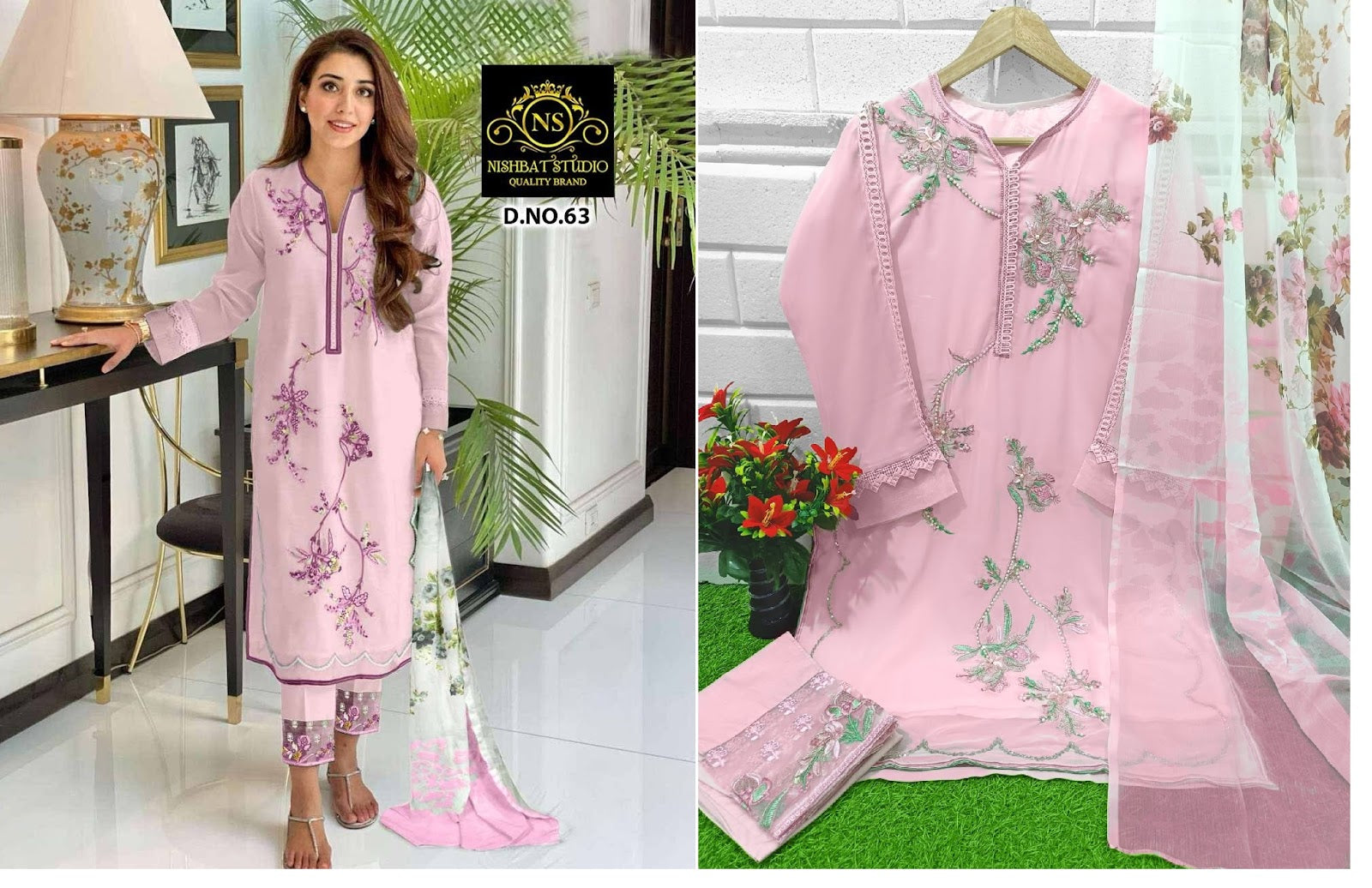 Georgette Embroidered Vol 21 Nishbat Studio Readymade Pant Style Suits,  PINK & GREEN at Rs 1350 in Ahmedabad