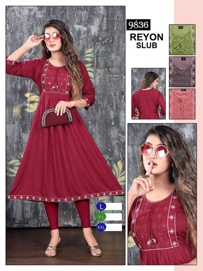 9836-9837 Mmc Rayon Slub Anarkali Kurtis