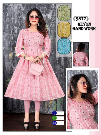 9875-9877 Mmc Rayon Anarkali Kurtis