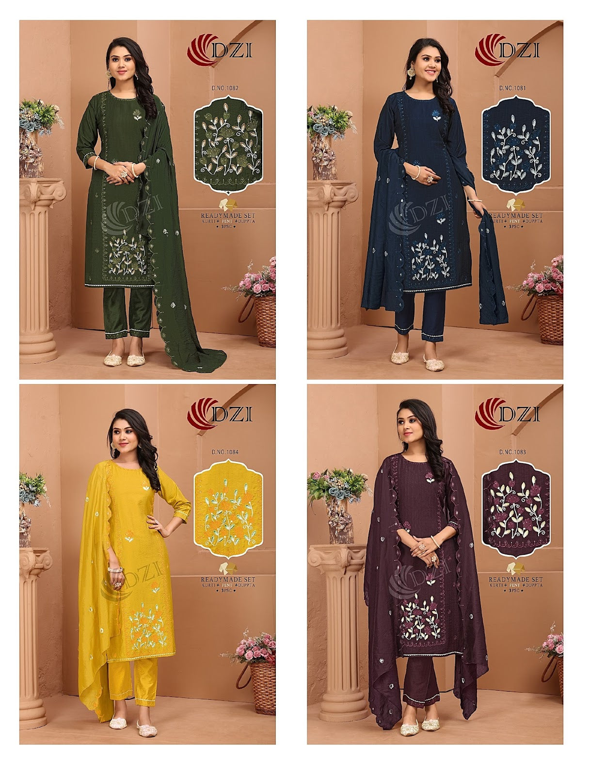 1081-1084 Dzi Cotton Readymade Pant Style Suits