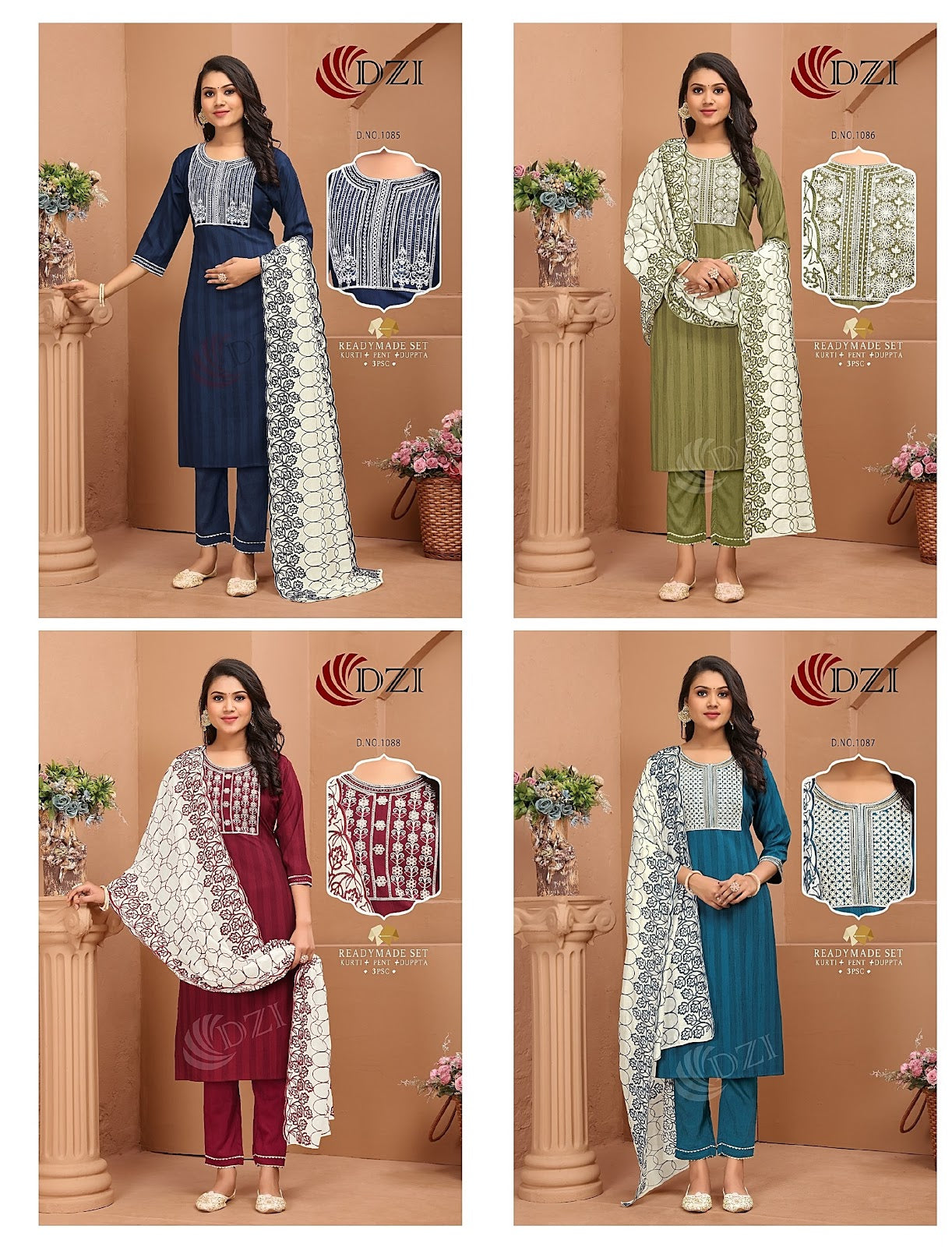 1085-1088 Dzi Cotton Readymade Pant Style Suits