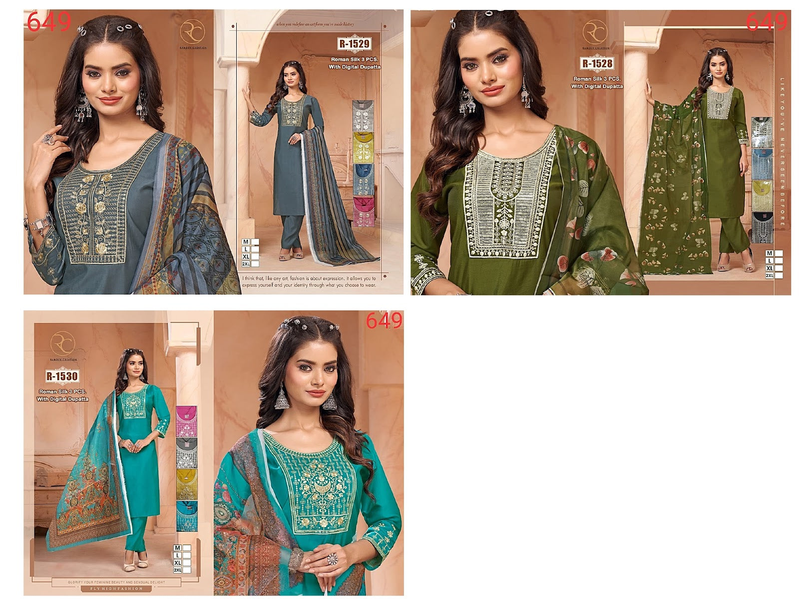 1528-1530 Ramdev Creation Roman Silk Readymade Pant Style Suits