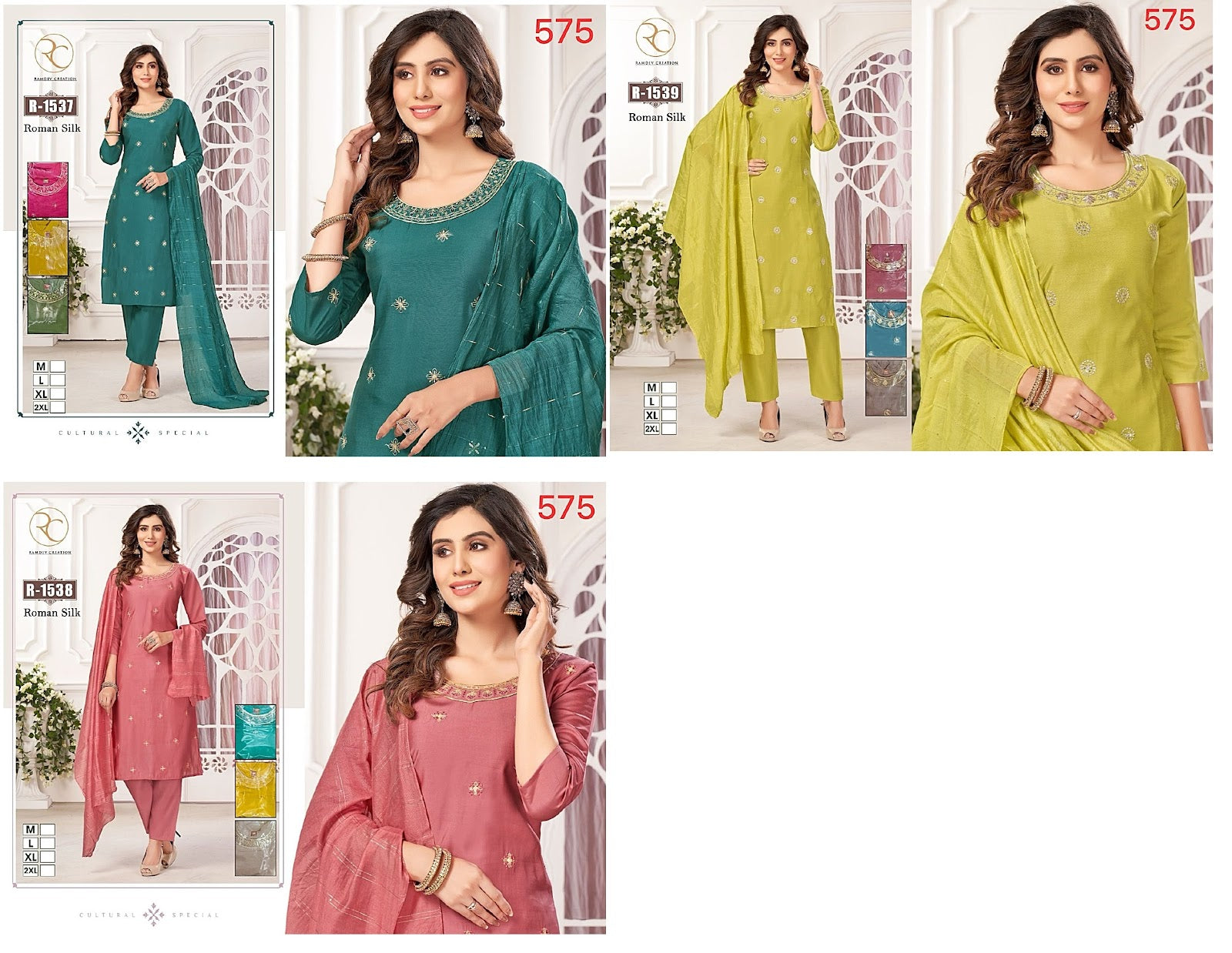 1537-1539 Ramdev Creation Roman Silk Readymade Pant Style Suits