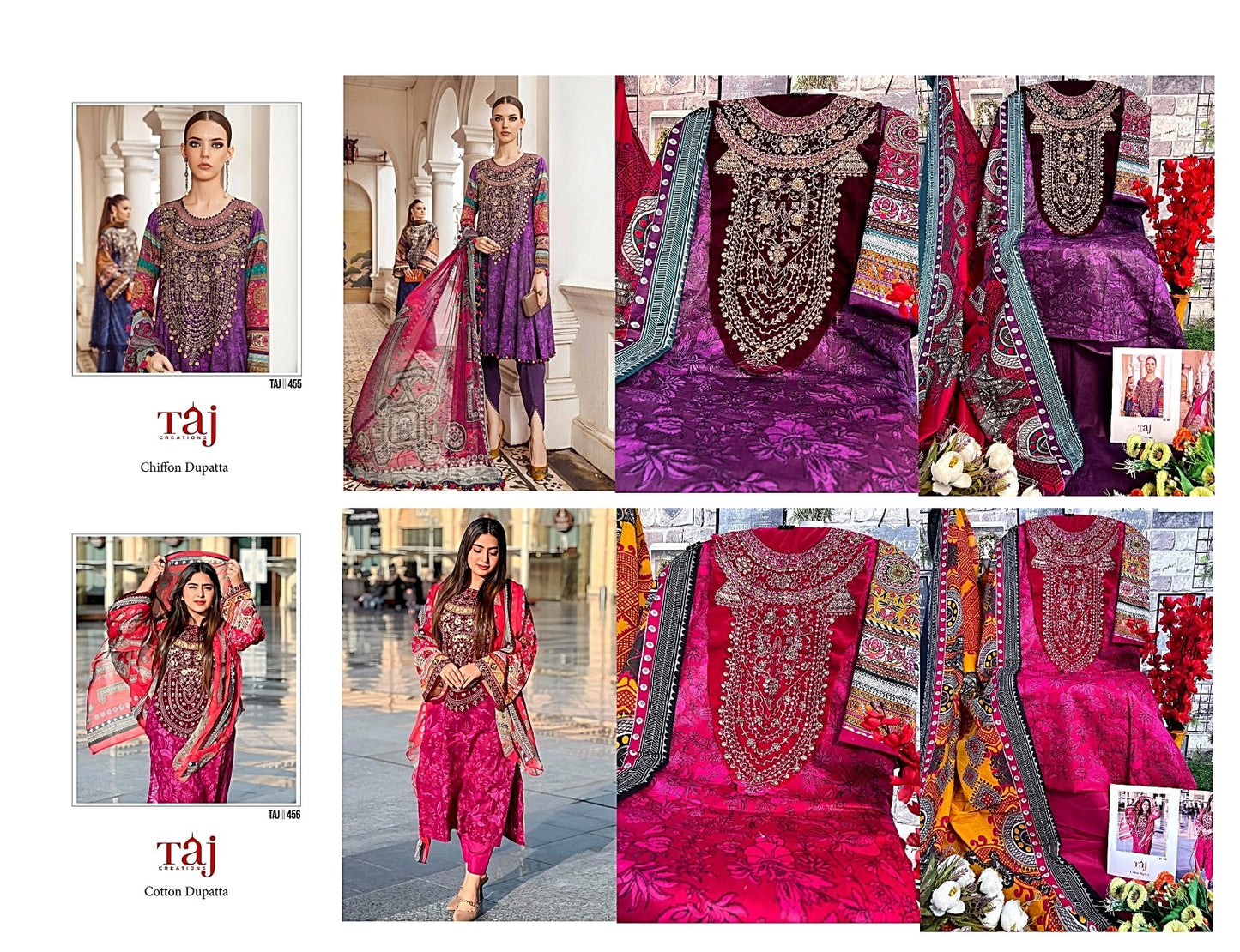 455-456 Taj Creations Cotton Pakistani Patch Work Suits