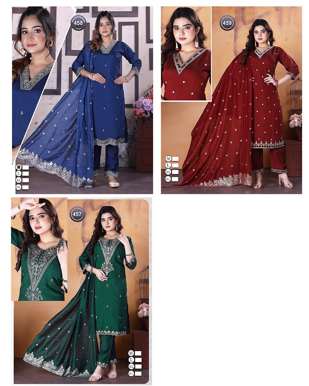 457-458-459 Ladli Roman Silk Readymade Pant Style Suits