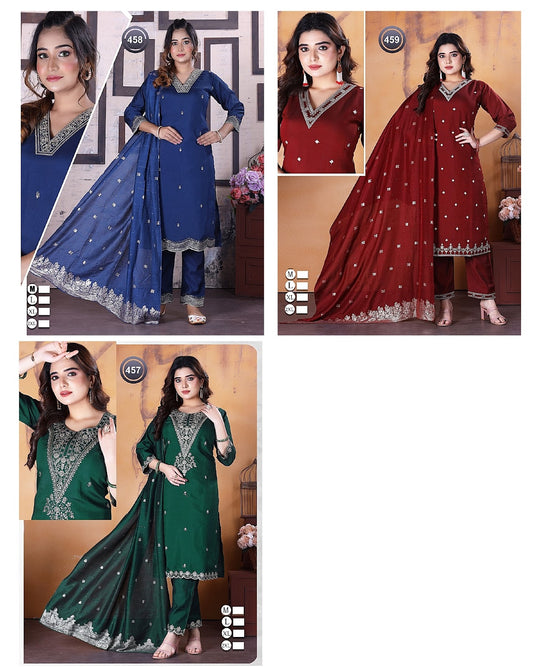 457-458-459 Ladli Roman Silk Readymade Pant Style Suits