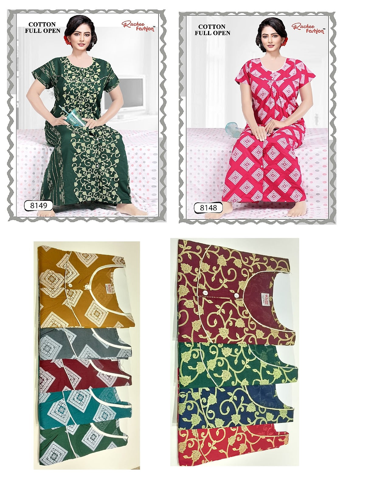 Cotton Full Open Ruchee Fashion Night Gowns