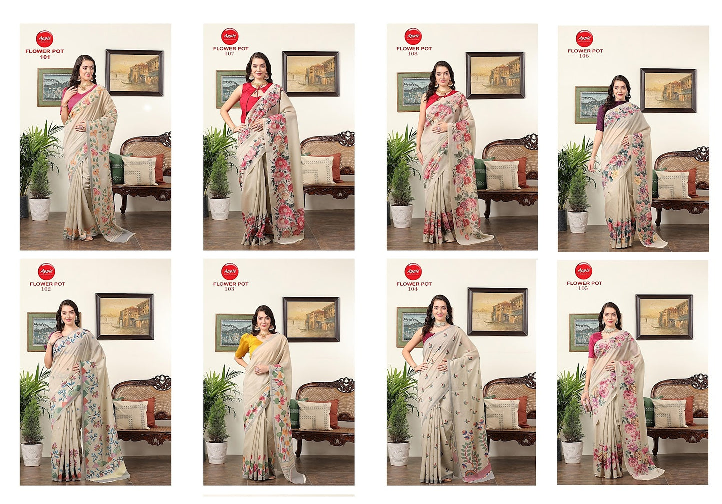 Flower Pot Apple Chanderi Sarees