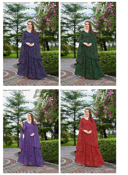 Flower Print Gangour Gown Dupatta Set