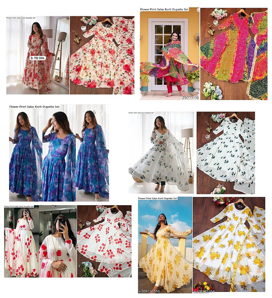 Flower Print Salas Georgette Kurti Dupatta Set