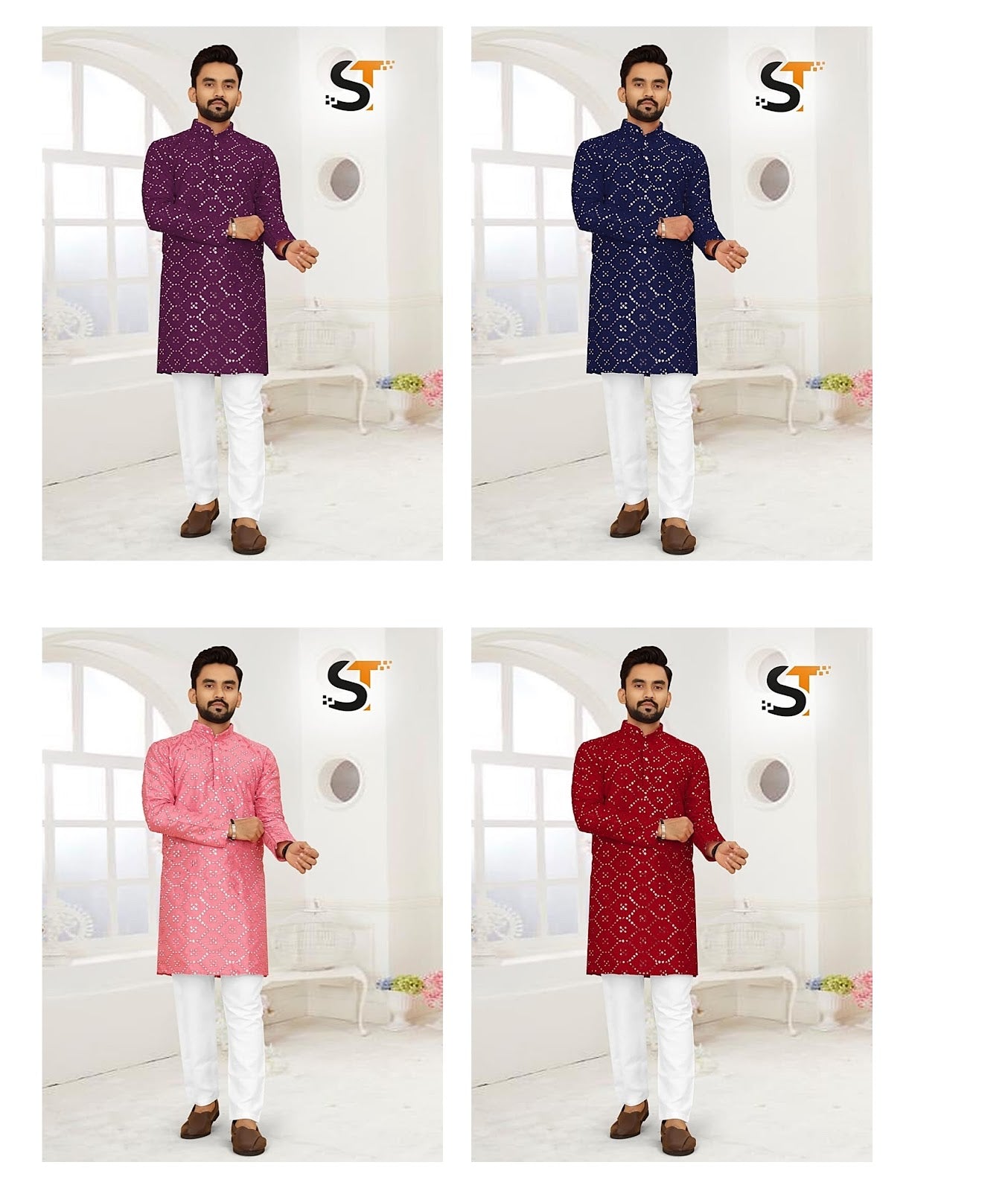 Mirror Work Salas Silk Mens Kurta
