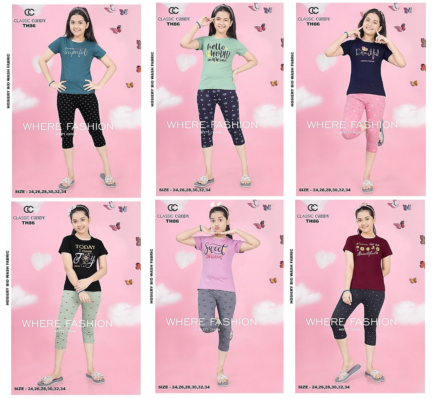 Th-86 Classic Candy Hosiery Cotton Girls Capri Night Suits