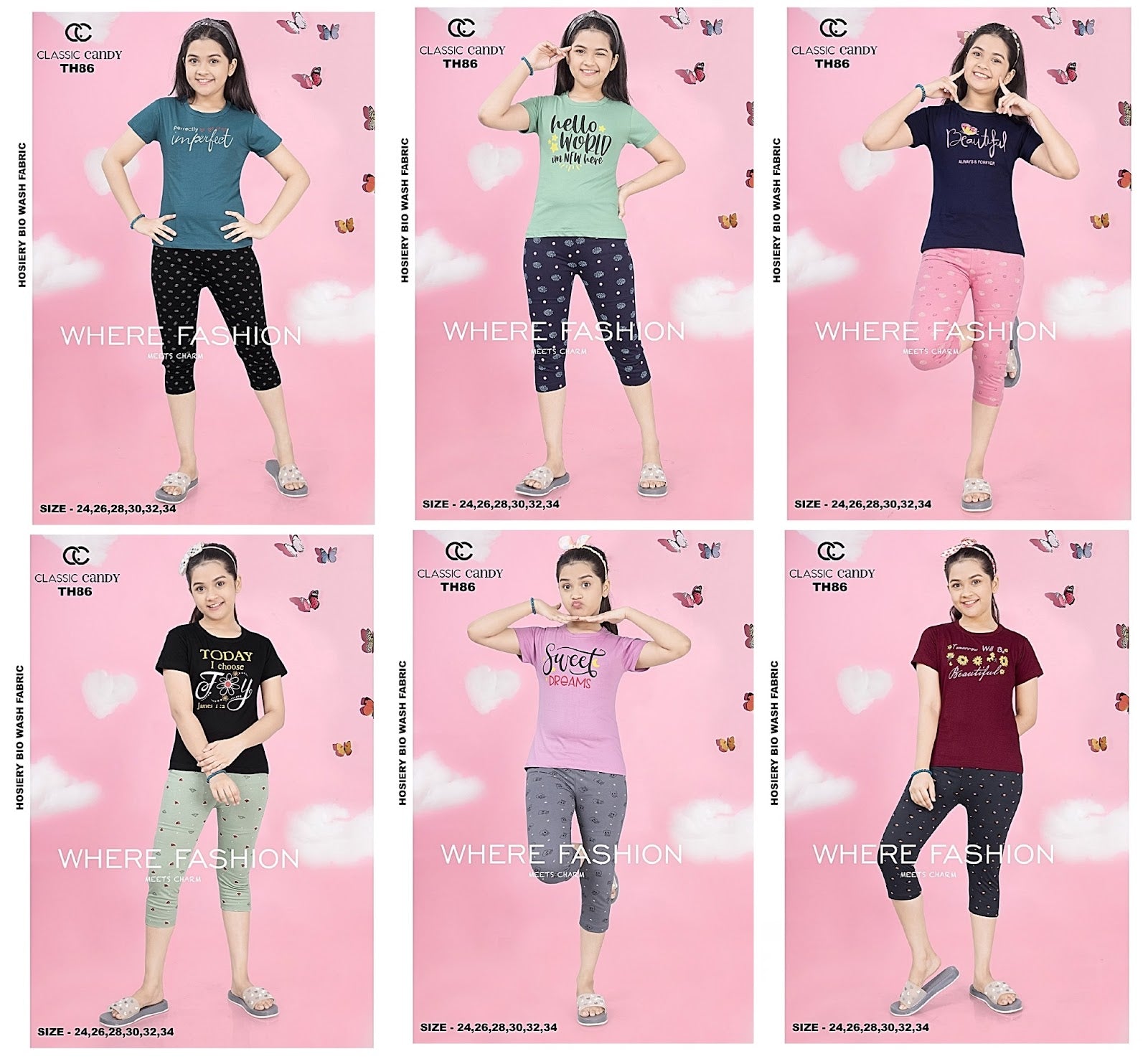 Th-86 Classic Candy Hosiery Cotton Girls Capri Night Suits