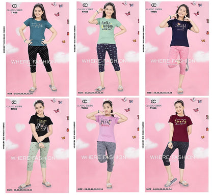 Th-86 Classic Candy Hosiery Cotton Girls Capri Night Suits