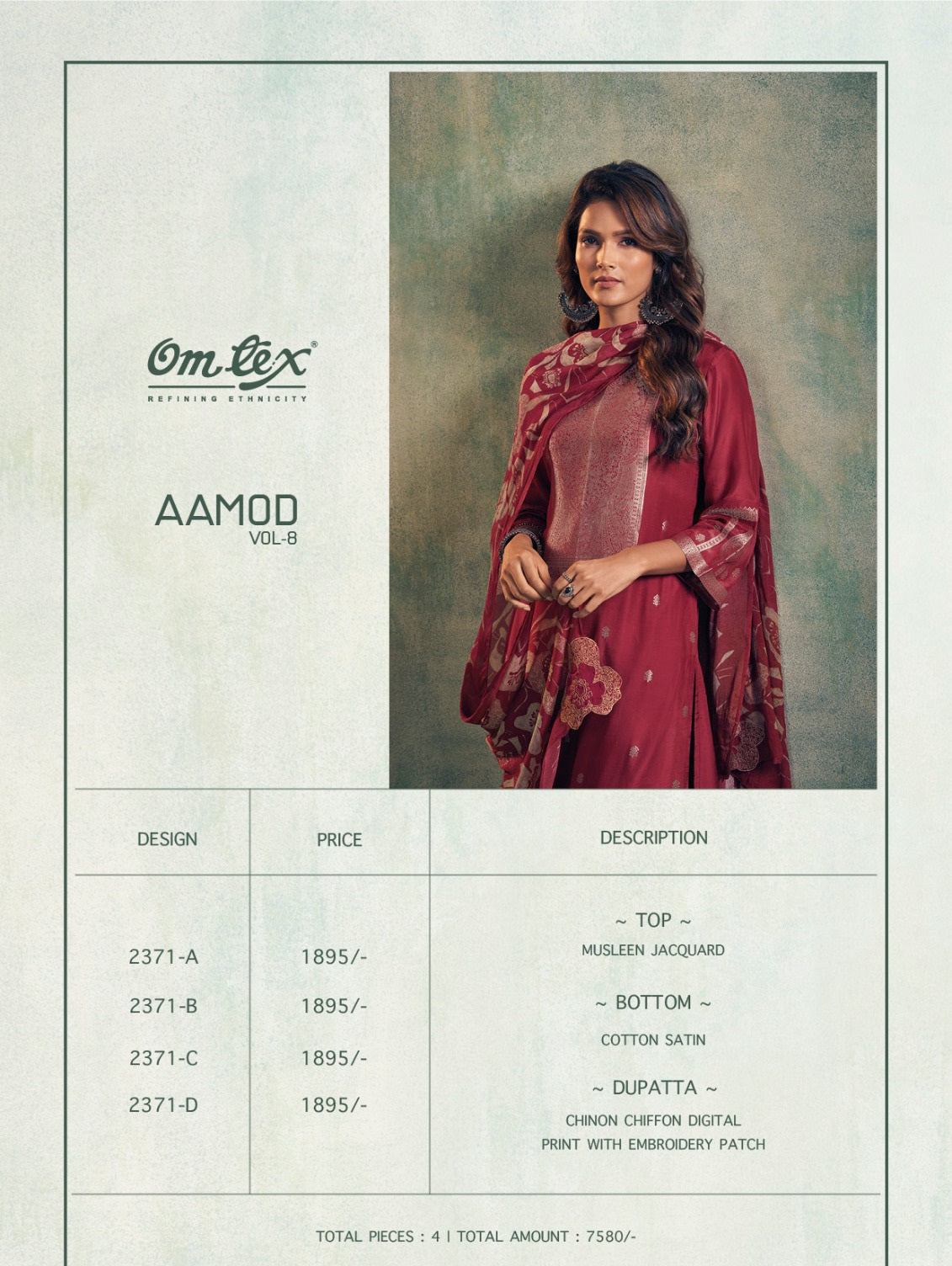 Aamod Vol 8 Omtex Musleen Pant Style Suits
