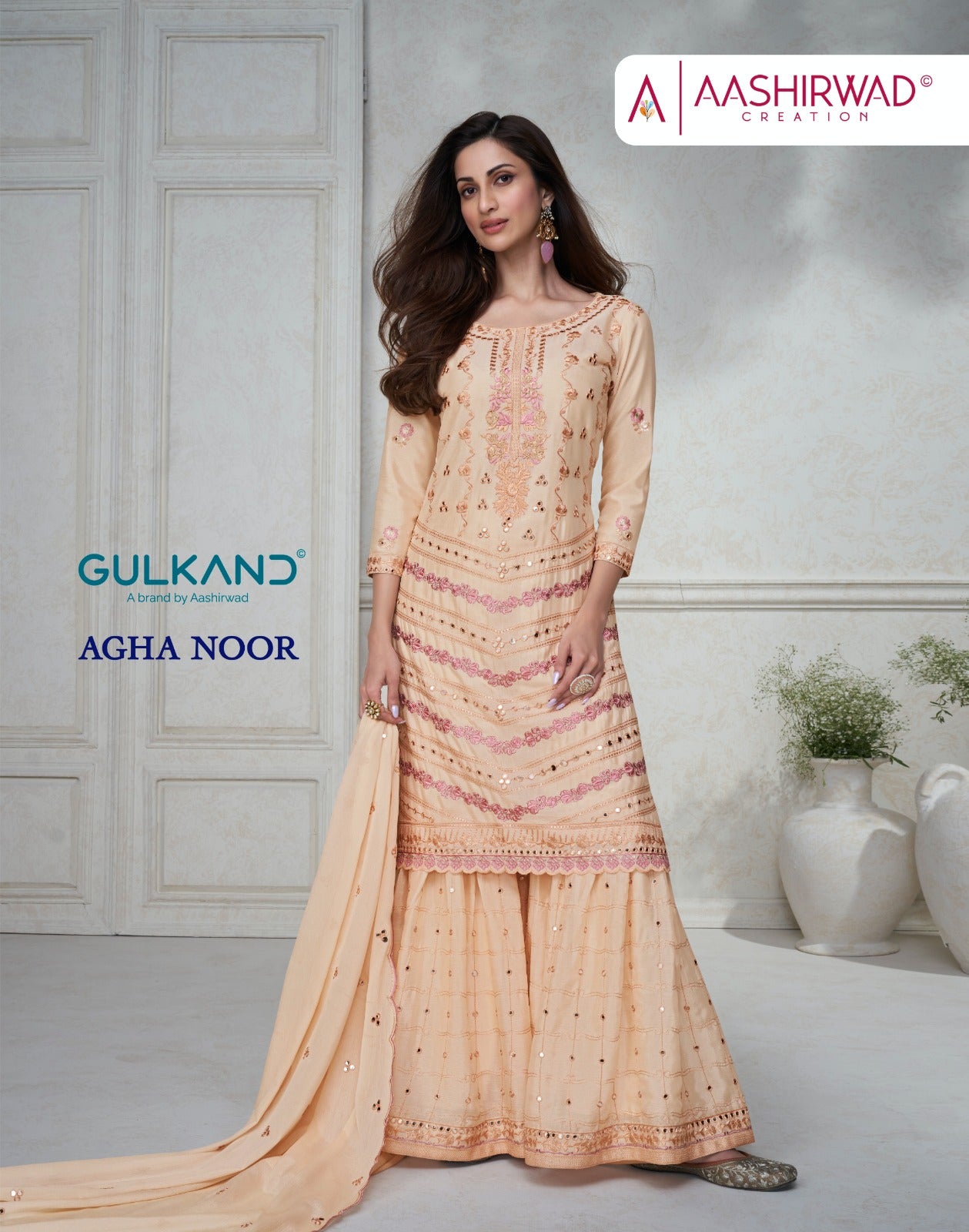 Agha Noor Aashirwad Creation Chinon Silk Readymade Suits