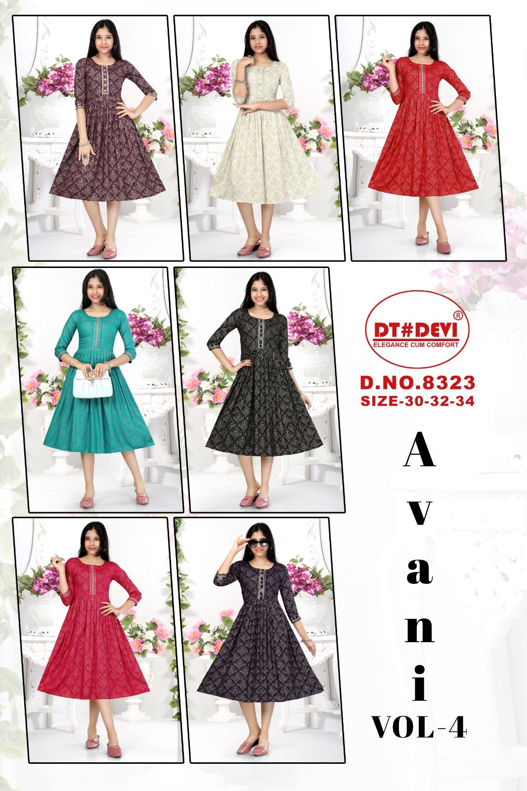 Avani Vol 4-8323 Dt Devi Rayon Girls Anarkali Kurti