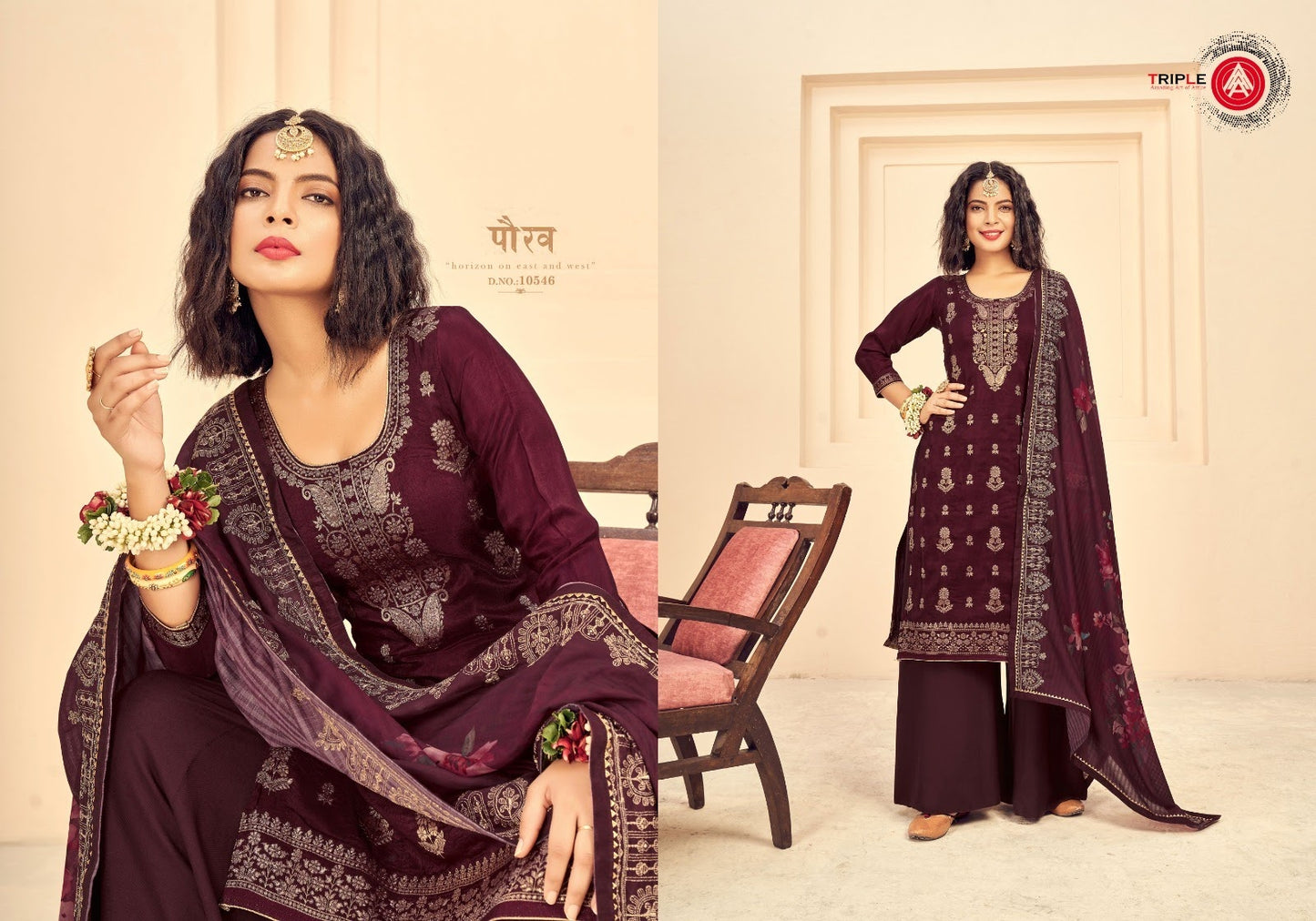 Bahar Triple Aaa Dola Jacquard Plazzo Style Suits