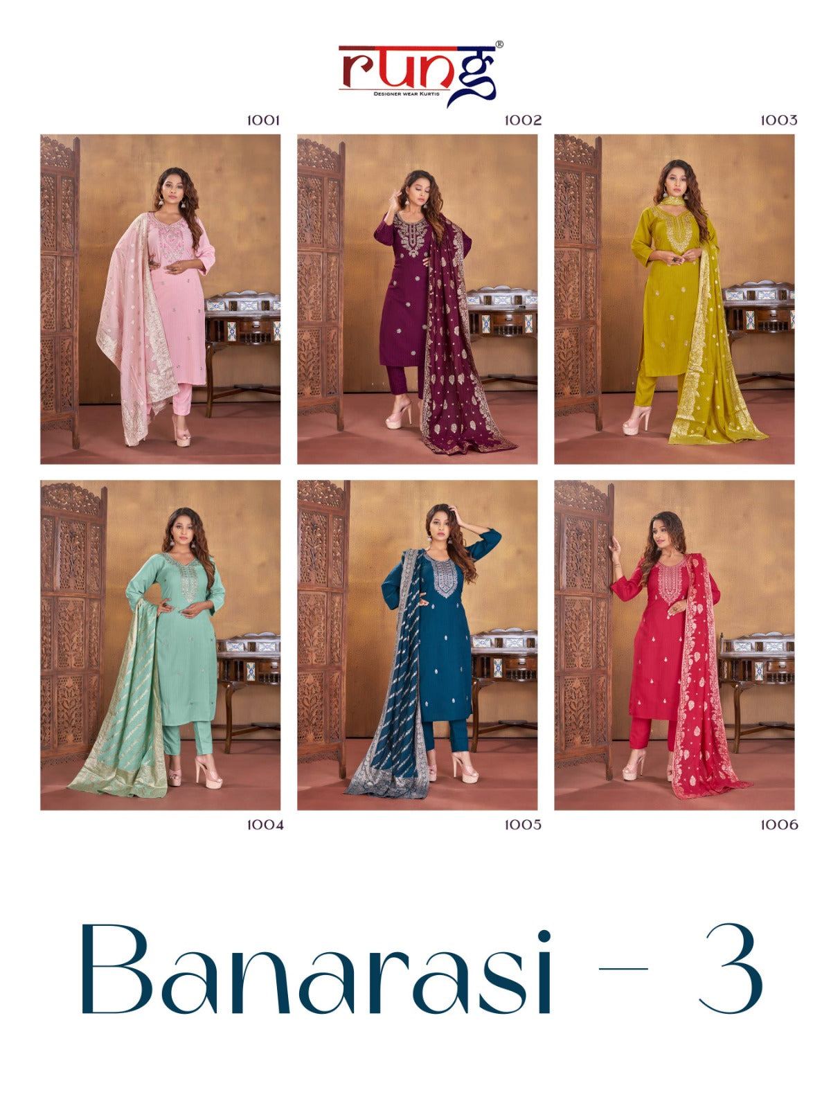Banarasi - 3 Rung Rayon Readymade Pant Style Suits