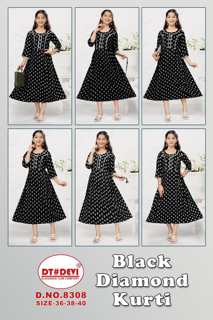 Black Diamond-8308 Dt Devi Rayon Girls Anarkali Kurti