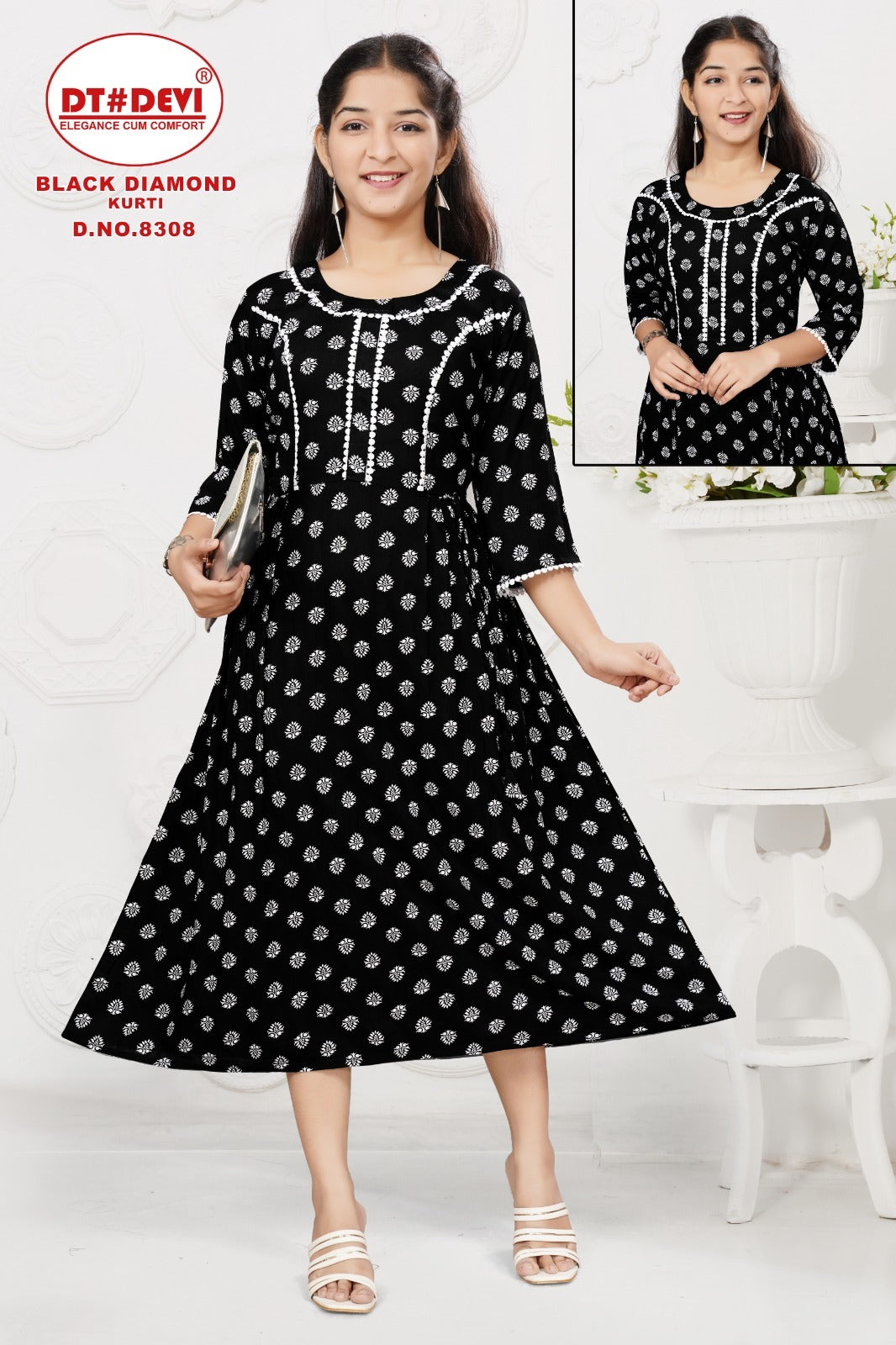 Black Diamond-8308 Dt Devi Rayon Girls Anarkali Kurti