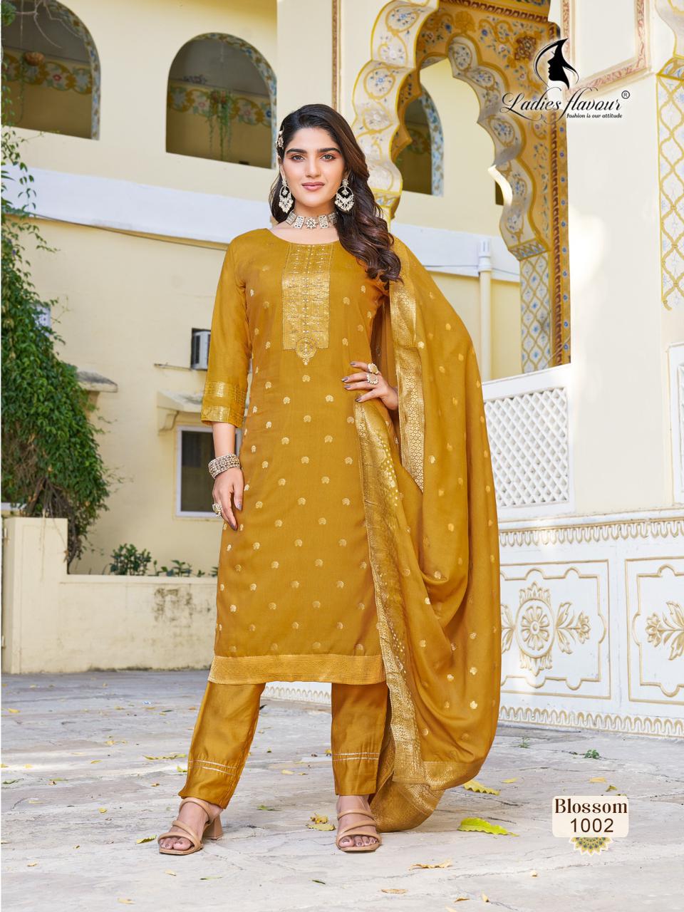 Blossom Ladies Flavour Dola Jacquard Readymade Pant Style Suits