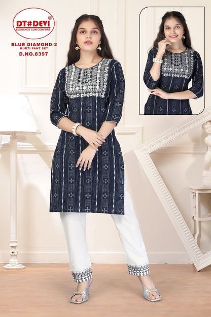 Blue Diamond-2-8397 Dt Devi Rayon Kurti Pant Set