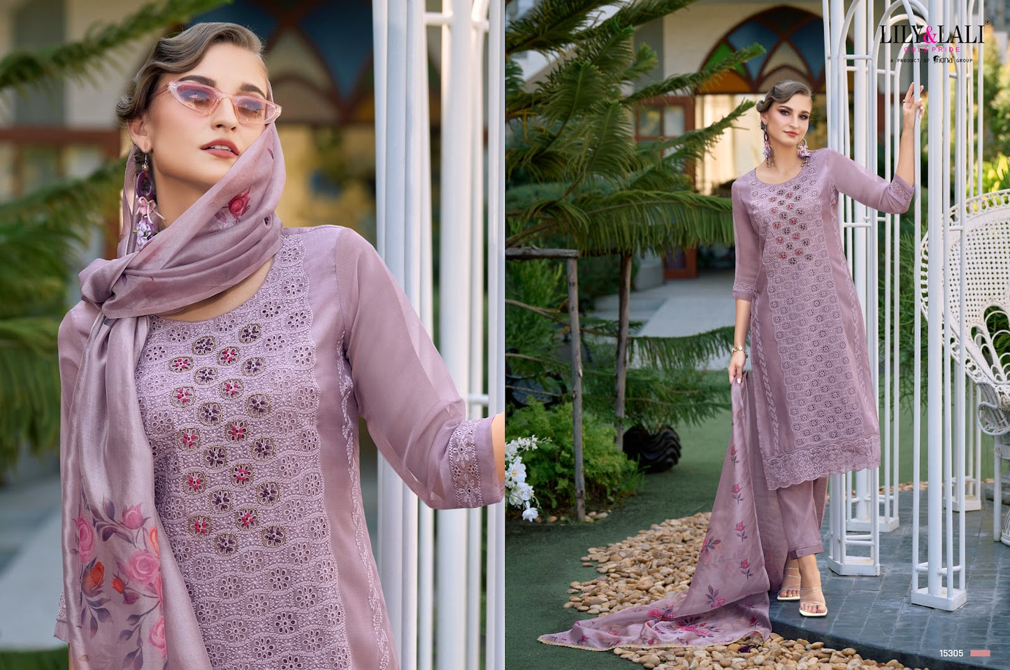 Chikan Kari Organza Lily Lali Readymade Pant Style Suits