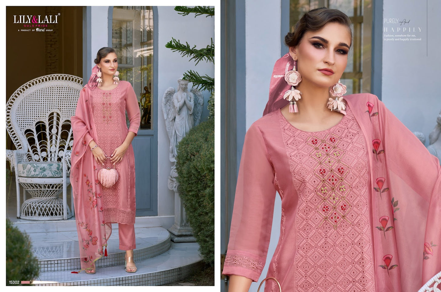 Chikan Kari Organza Lily Lali Readymade Pant Style Suits