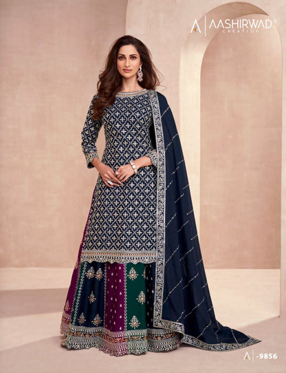 Colors-Dark Edition Aashirwad Creation Chinon Silk Peplum Skirt Suits