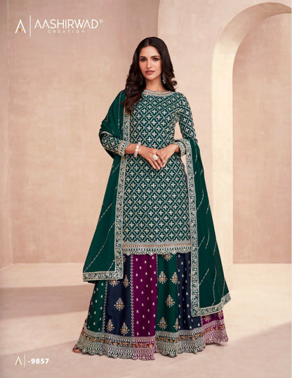 Colors-Dark Edition Aashirwad Creation Chinon Silk Peplum Skirt Suits