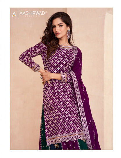 Colors-Dark Edition Aashirwad Creation Chinon Silk Peplum Skirt Suits