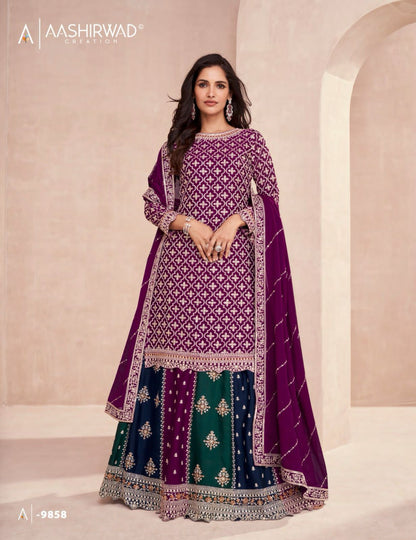 Colors-Dark Edition Aashirwad Creation Chinon Silk Peplum Skirt Suits