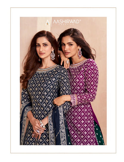 Colors-Dark Edition Aashirwad Creation Chinon Silk Peplum Skirt Suits