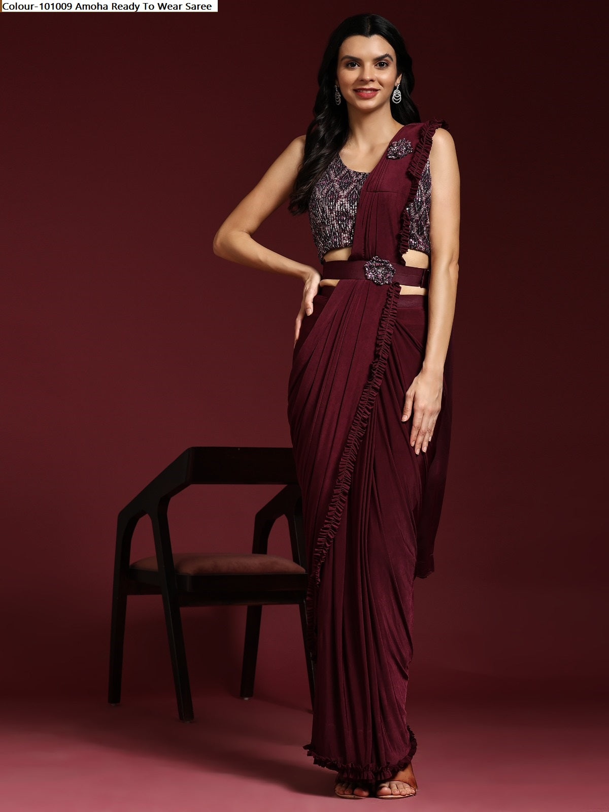 Buy Wine Embroidery Work Georgette Saree Online