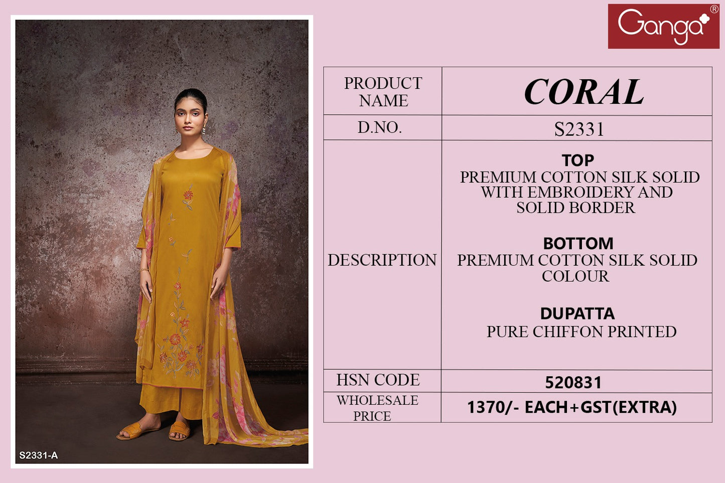 Coral 2331 Ganga Cotton Silk Plazzo Style Suits
