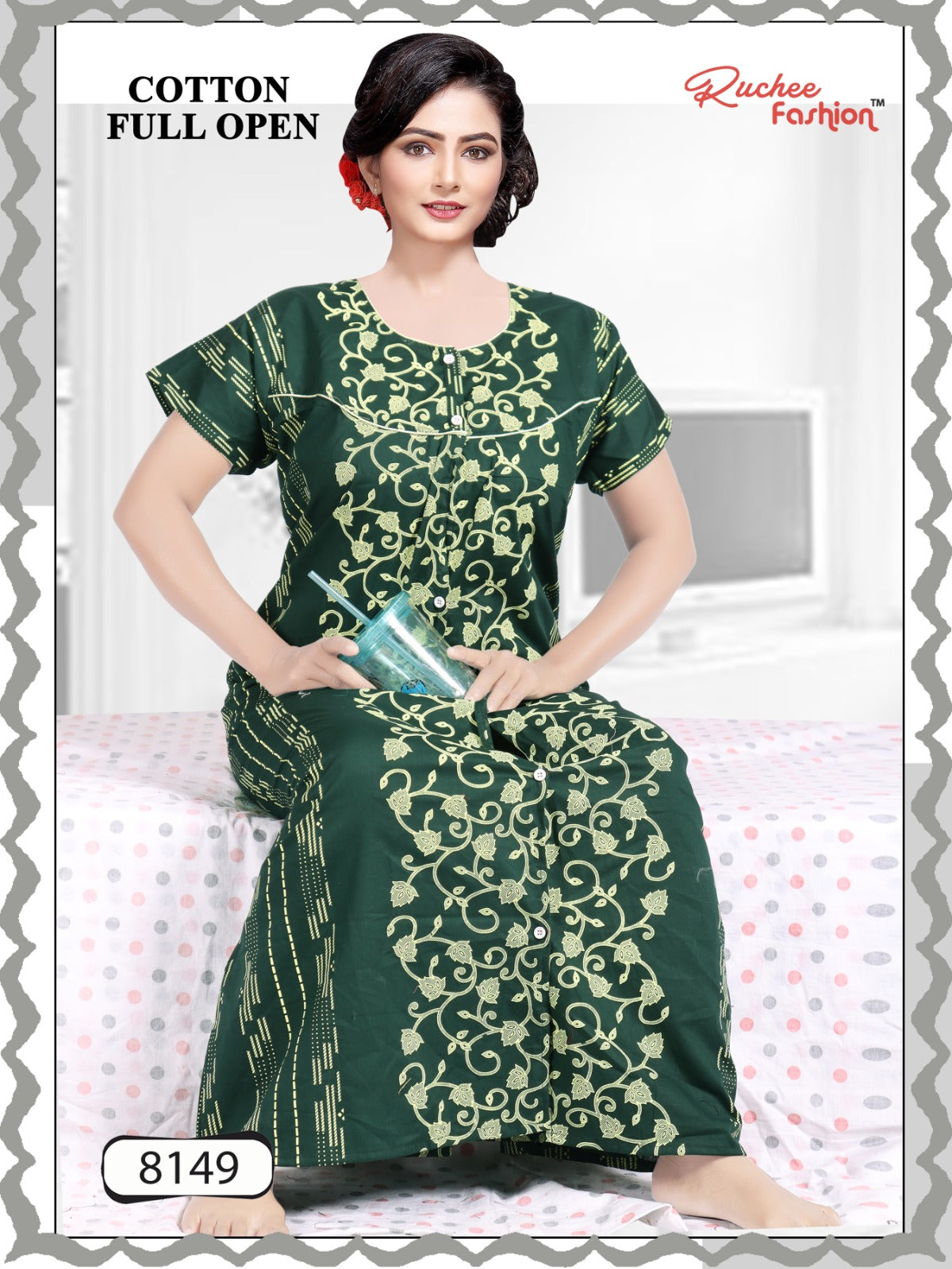 Cotton Full Open Ruchee Fashion Night Gowns