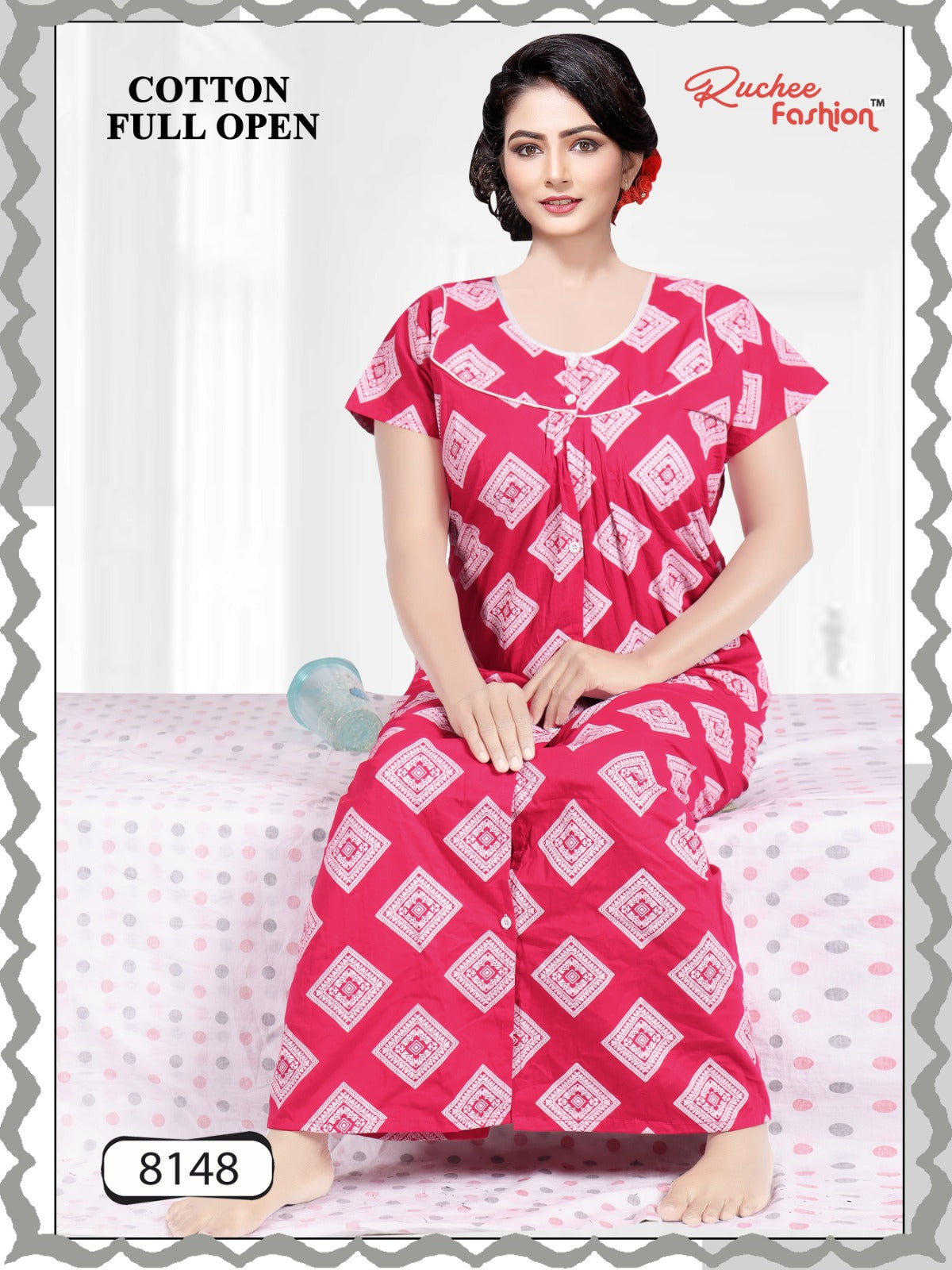 Cotton Full Open Ruchee Fashion Night Gowns