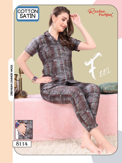 Cotton Satin 1107 Ruchee Fashion Collar Night Suits