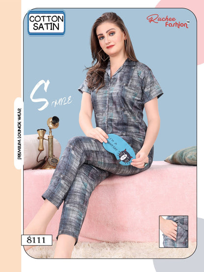 Cotton Satin 1107 Ruchee Fashion Collar Night Suits