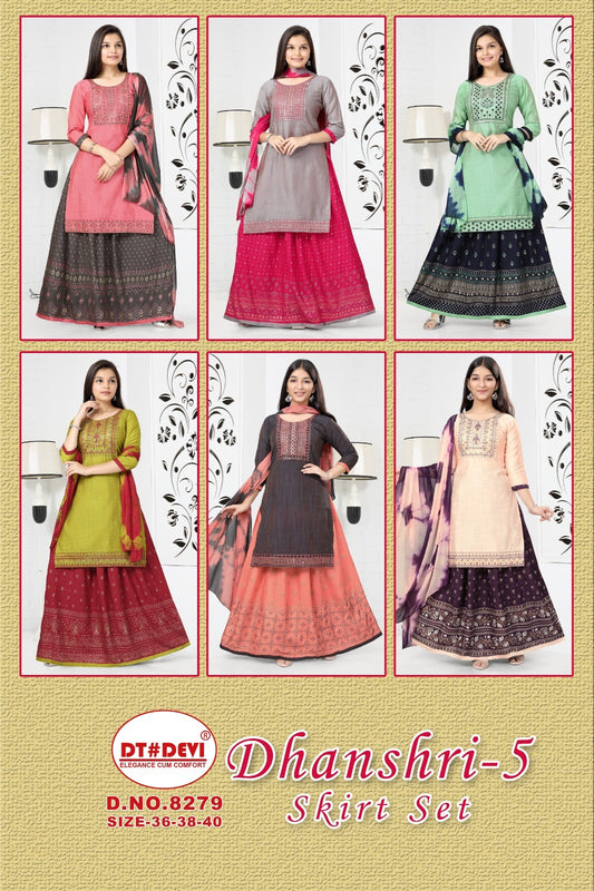 Dhanshri Vol 5-8279 Dt Devi Silk Readymade Skirt Style Suits