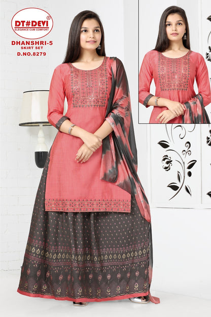 Dhanshri Vol 5-8279 Dt Devi Silk Readymade Skirt Style Suits