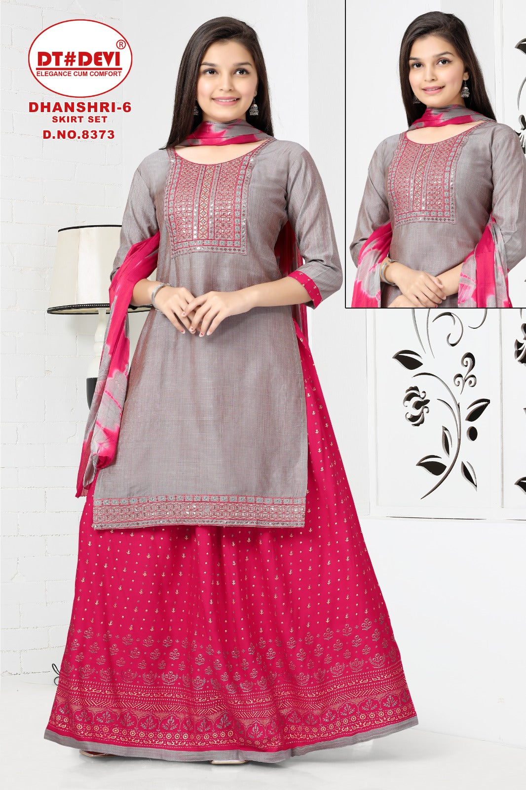 Dhanshri Vol 6-8373 Dt Devi Silk Girls Readymade Skirt Style Suits