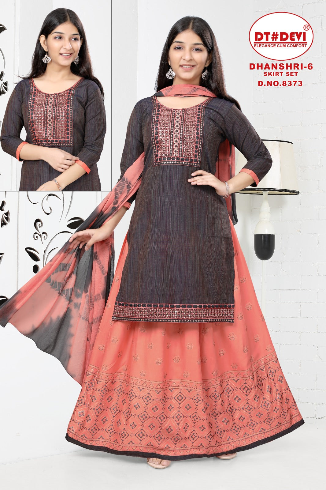 Dhanshri Vol 6-8373 Dt Devi Silk Girls Readymade Skirt Style Suits