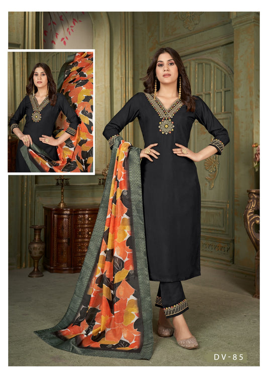 Dv-85 Kalaroop Roman Silk Readymade Pant Style Suits