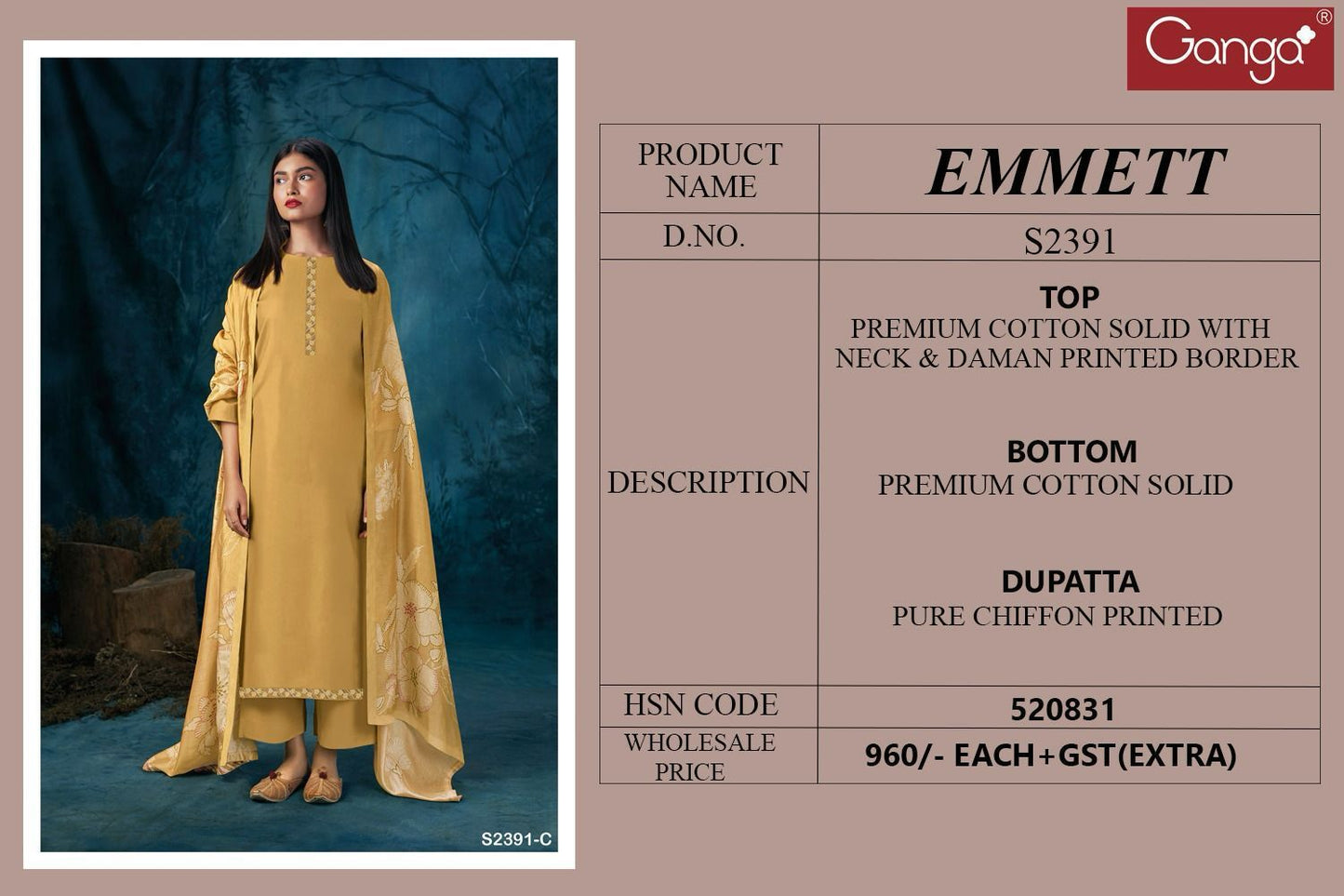 Emmett 2391 Ganga Cotton Solid Plazzo Style Suits