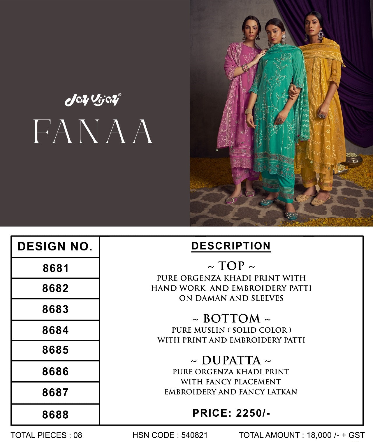 Fanaa Jay Vijay Organza Pant Style Suits