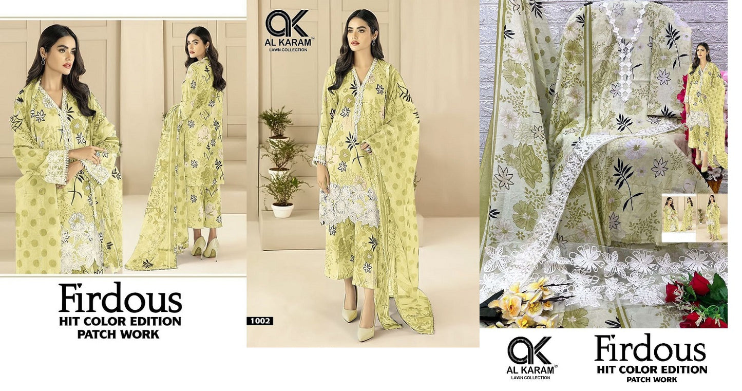 Firdous Hit Color Al Karam Soft Cotton Pakistani Patch Work Suits
